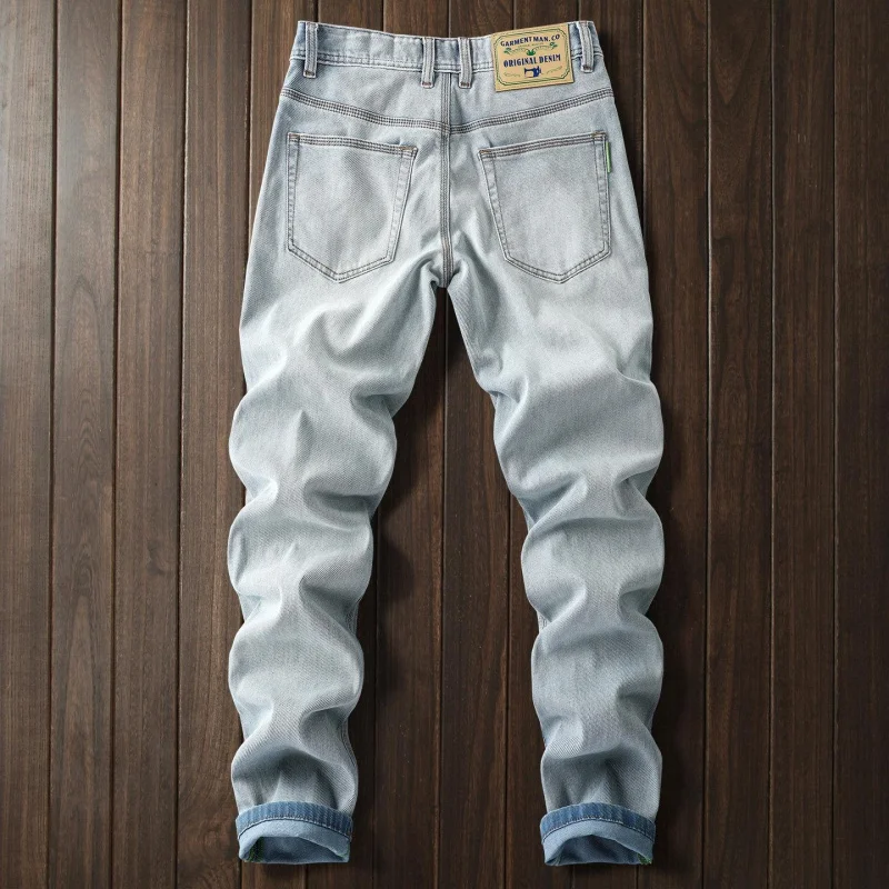 Vintage light blue jeans for men, spring and summer, soft, stretchy, thin, casual, versatile, compact, high-quality men's denim