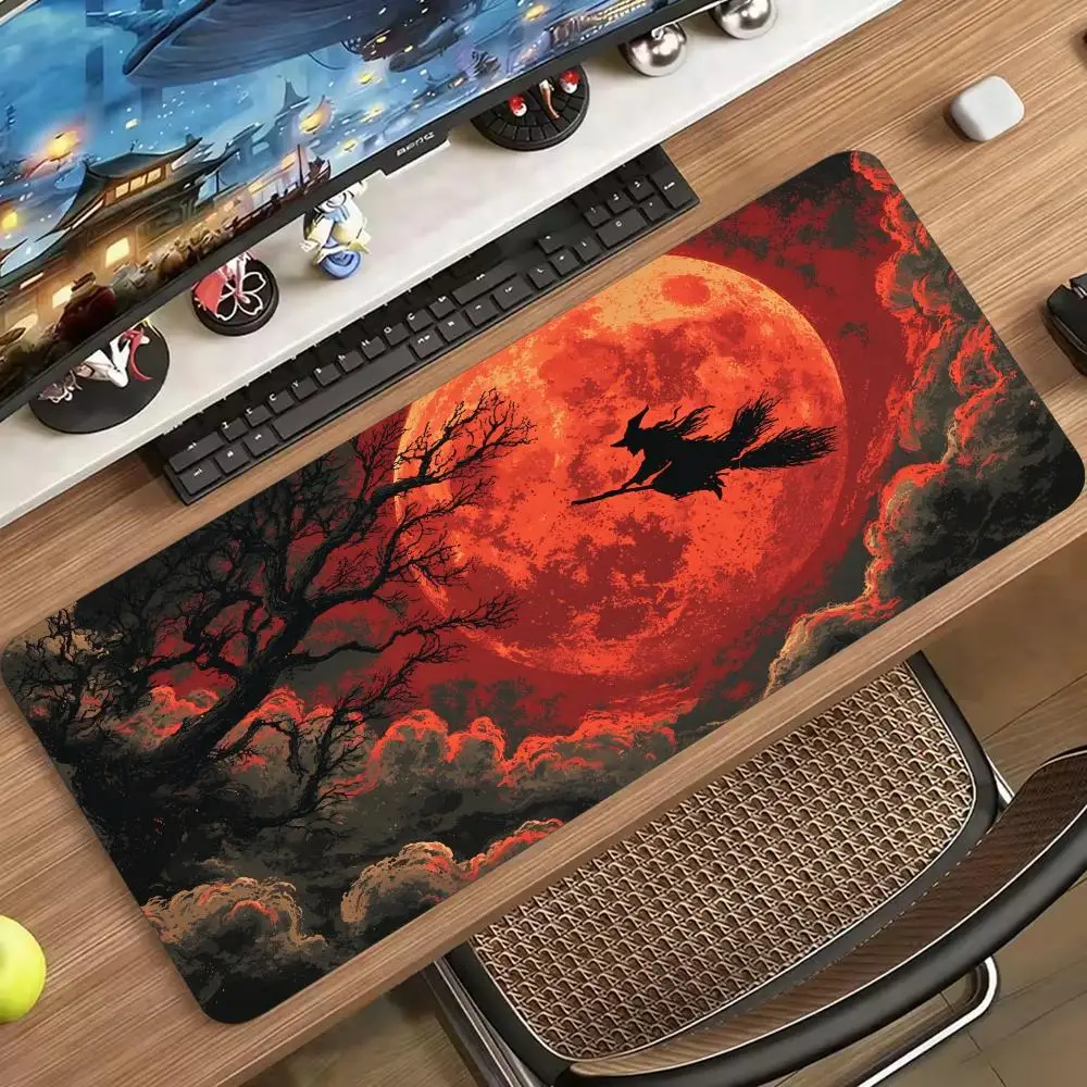 Blood Moon Witch Flying Broom Tree Large Mouse Pad Desk Mat Non Slip Rubber Keyboard Mousepad for PC Laptop Office Midnight