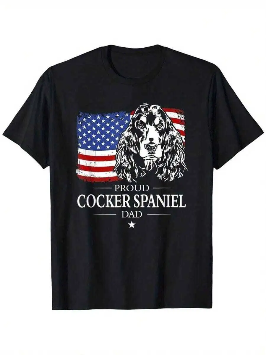 Men's American Flag T-Shirt - Patriotic Dog Lover Apparel With Proud Dad Text & Cocker Spaniel Graphic, Breathable Round 100%