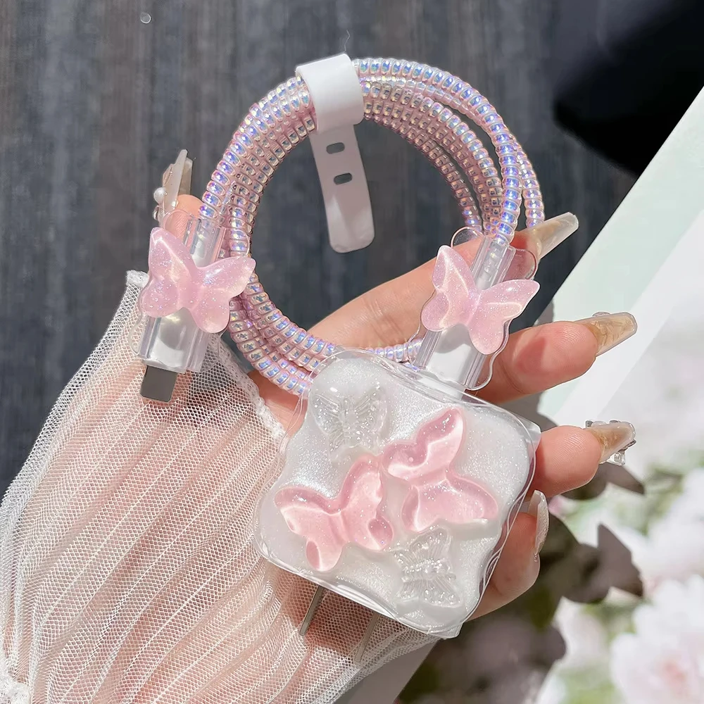 Case For iPhone 17 16 18 Pro Max 18/20w Charger Protective Case Pink Butterfly Charging Data Cable Protector Winder Accessories