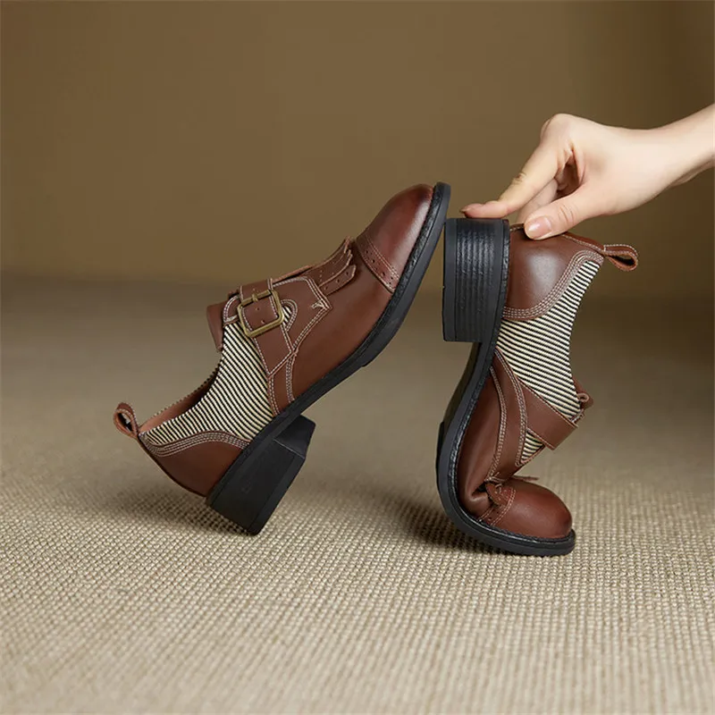 New Spring/autumn Genuine Leather Women Shoes Round Toe Loafers Shoes for Women Fashion Mixed Color Women Pumps Chunky High Heel
