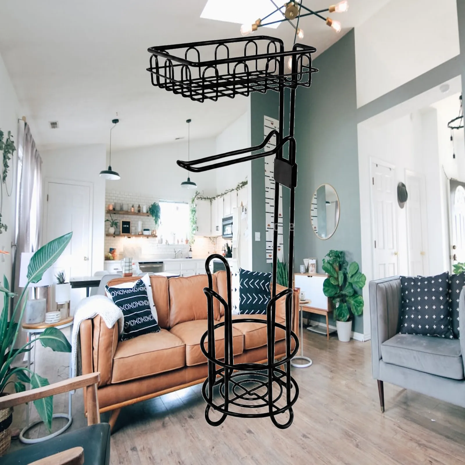 Multi Functional Toilet Roll Holder Floor Stand with Removable Wire Basket Black Storage for Bathroom Essentials