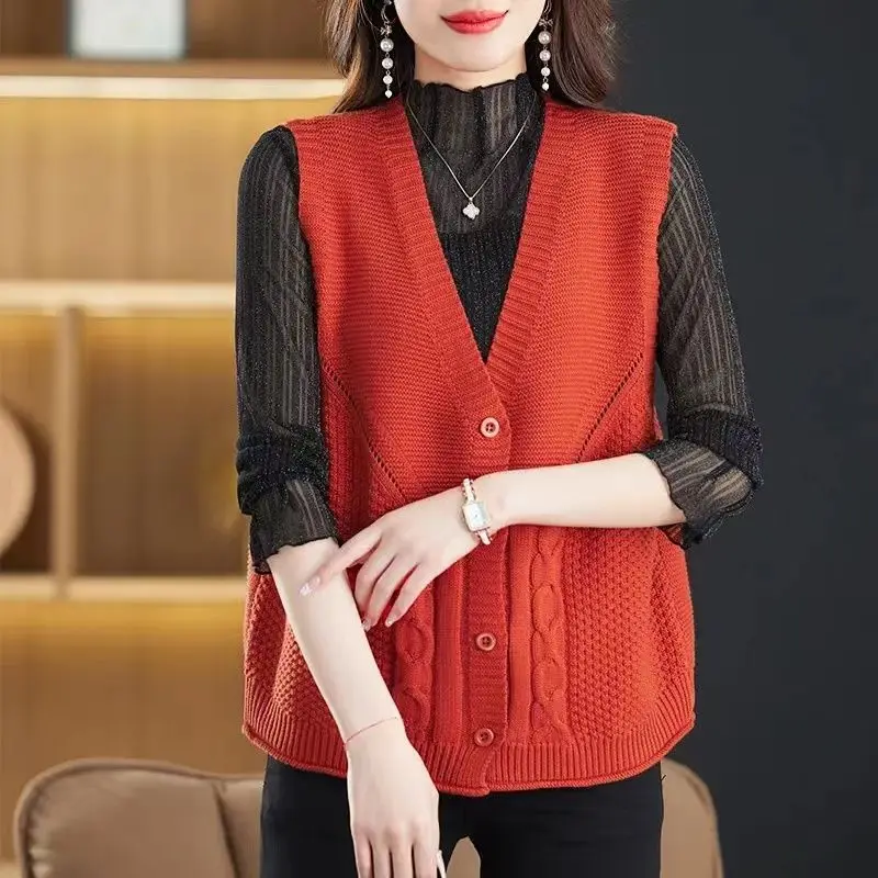 2024 Autumn Sleeveless Vest Cardigan Sweater Women\'s Loose Large Knitted Tank Top Fashion Versatile Top