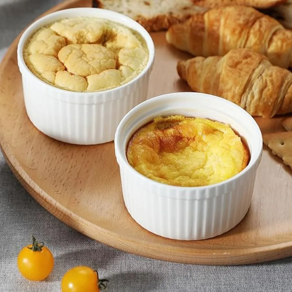 

6pcs Baking Bowl 8 Oz Ramekin with Lid Porcelain Pudding Cup High Temperature Resistant White Dessert Cup Hotels