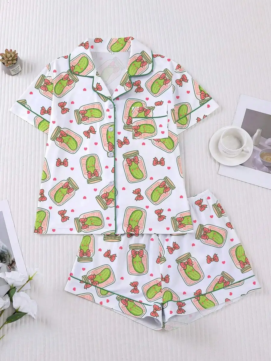 

Womens Cucumber Cartoon Print Collar Pajama Set Cotton Button-Down Shirt And Loose Shorts