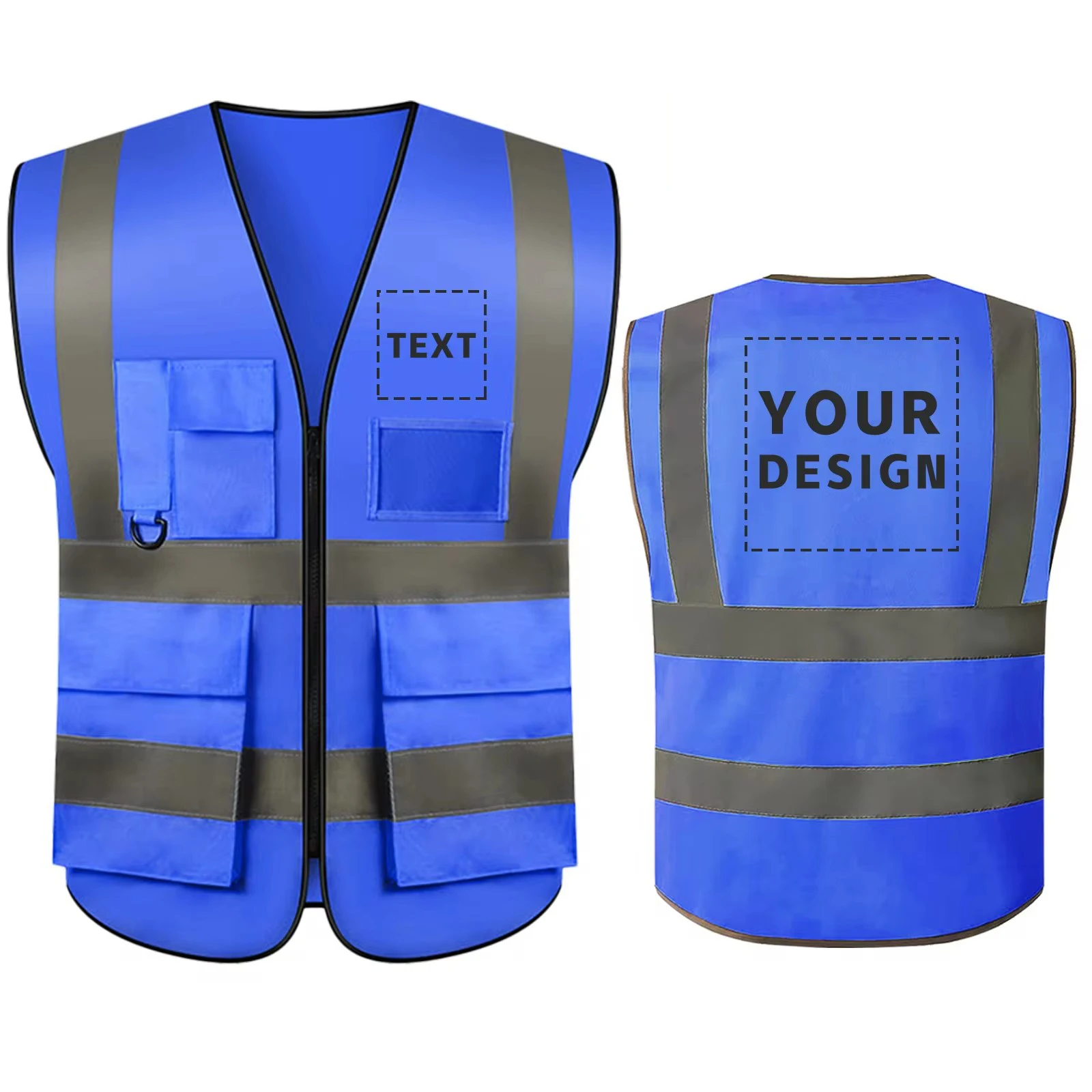 Blue High Visibility Reflective Vest Multiple Pockets Front Zipper Construction Security Work Safety Vests Working Clothes