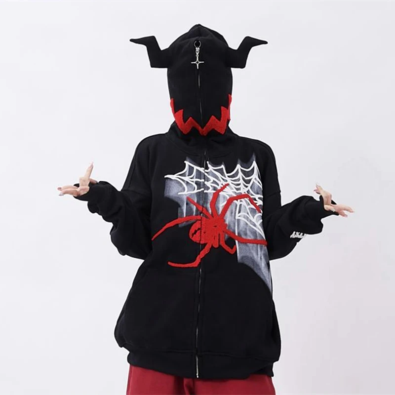 Hip Hop Punk Devil Horns Spiders Printed Sweatshirt Men Women Loose Overiszed Zip Up Hoodie Gothic Y2K Kawaii Clothes Aesthetic