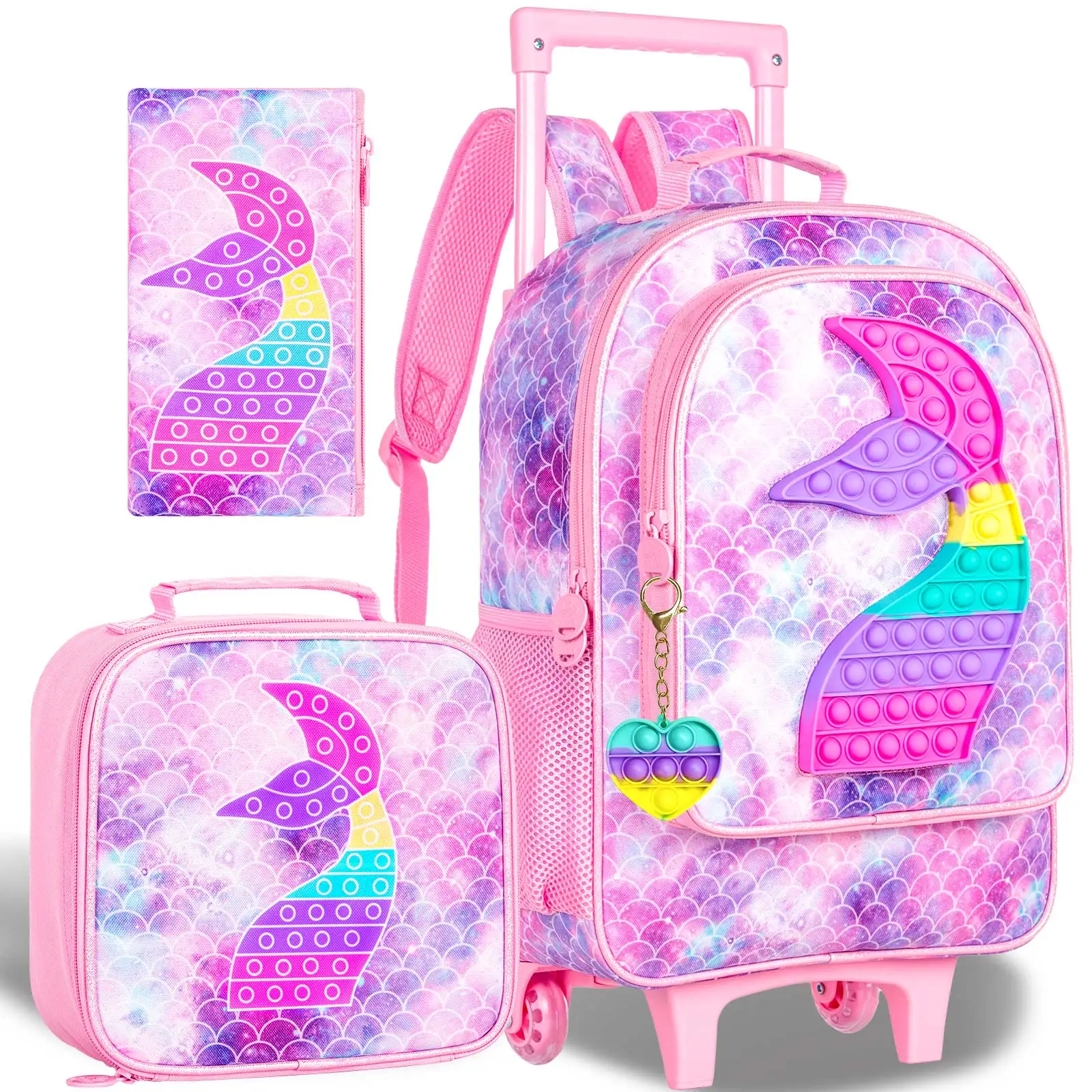 Mochila con ruedas para niños de 3 piezas para niñas, mochila con ruedas de sirena, mochila escolar primaria para niños pequeños con ruedas - Rosa