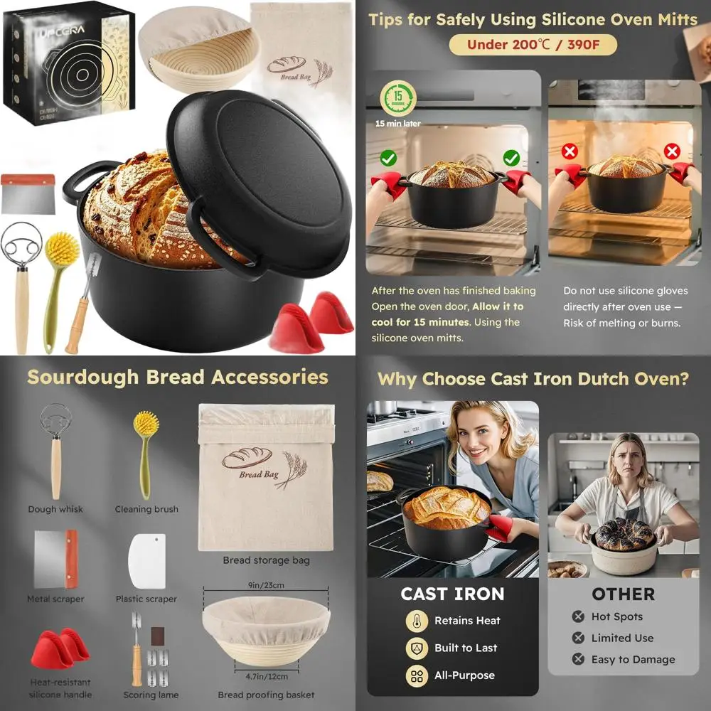 Juego de horno holandés de hierro fundido y para hornear pan con cesta de fermentación, sartén 2 en 1, cuchilla para pan y herramientas para masa madre