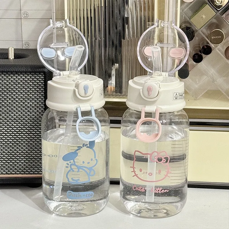 600ML Hello Kitty Transparent Straw Cup Cute Sanrio Kuromi Pochacco Portable Water Cup Girls PU Kawaii Sport Straw Bottle Gift