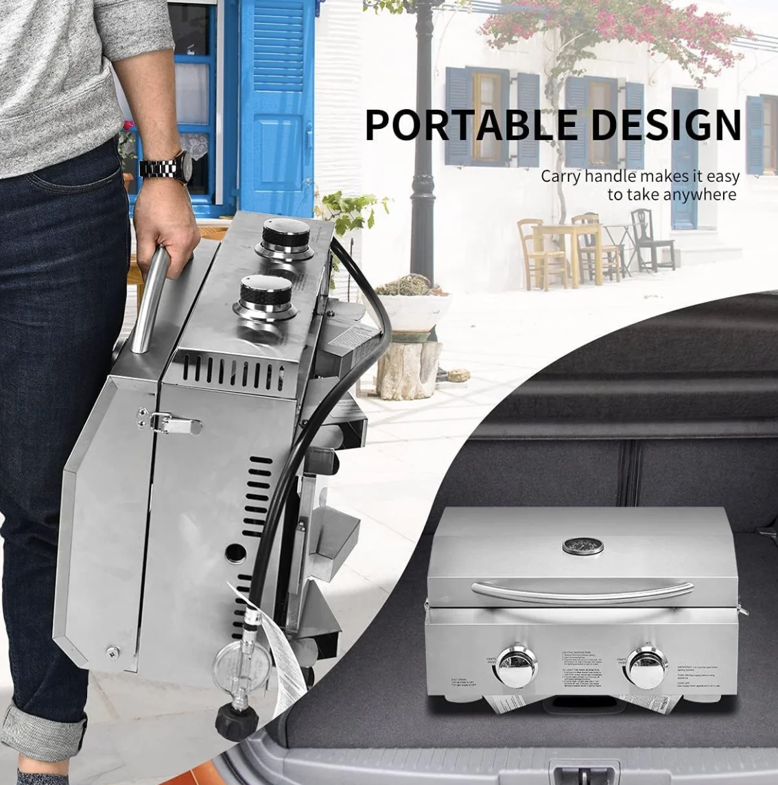 Stainless steel portable outdoor gas grill 2 burners LPG grill for camping