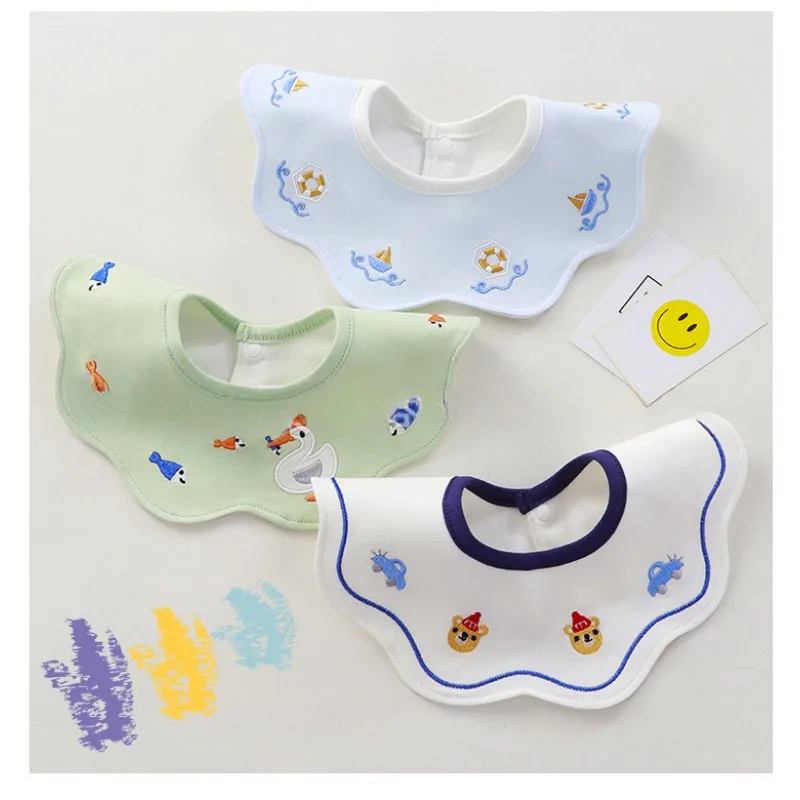 Pure Cotton Embroidery Printing Baby Bibs for Boy and Girl Newborn Feeding Food Snap Button Infant Saliva Towel Absorbent Cloth