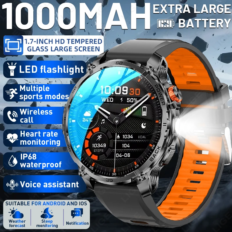 

LIGE New 1000mAh Large Battery Durable Adult Men Smart Watch LED Flashlight Waterproof BT Call Sports Smartwatch For Android ios