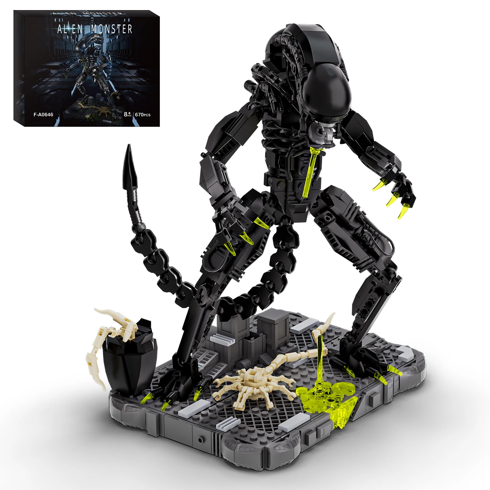 JAKI Alien Xenomorph Monster 670 PCS Building Blocks Building Bricks Model Kit Construction Toy Aliens Sci-Fi Horror Movie Poseable Action Figure Glow Facehugger Chestburster Alien Egg Diorama Display Halloween Christmas Birthday Gift Men Teens Kids Fans