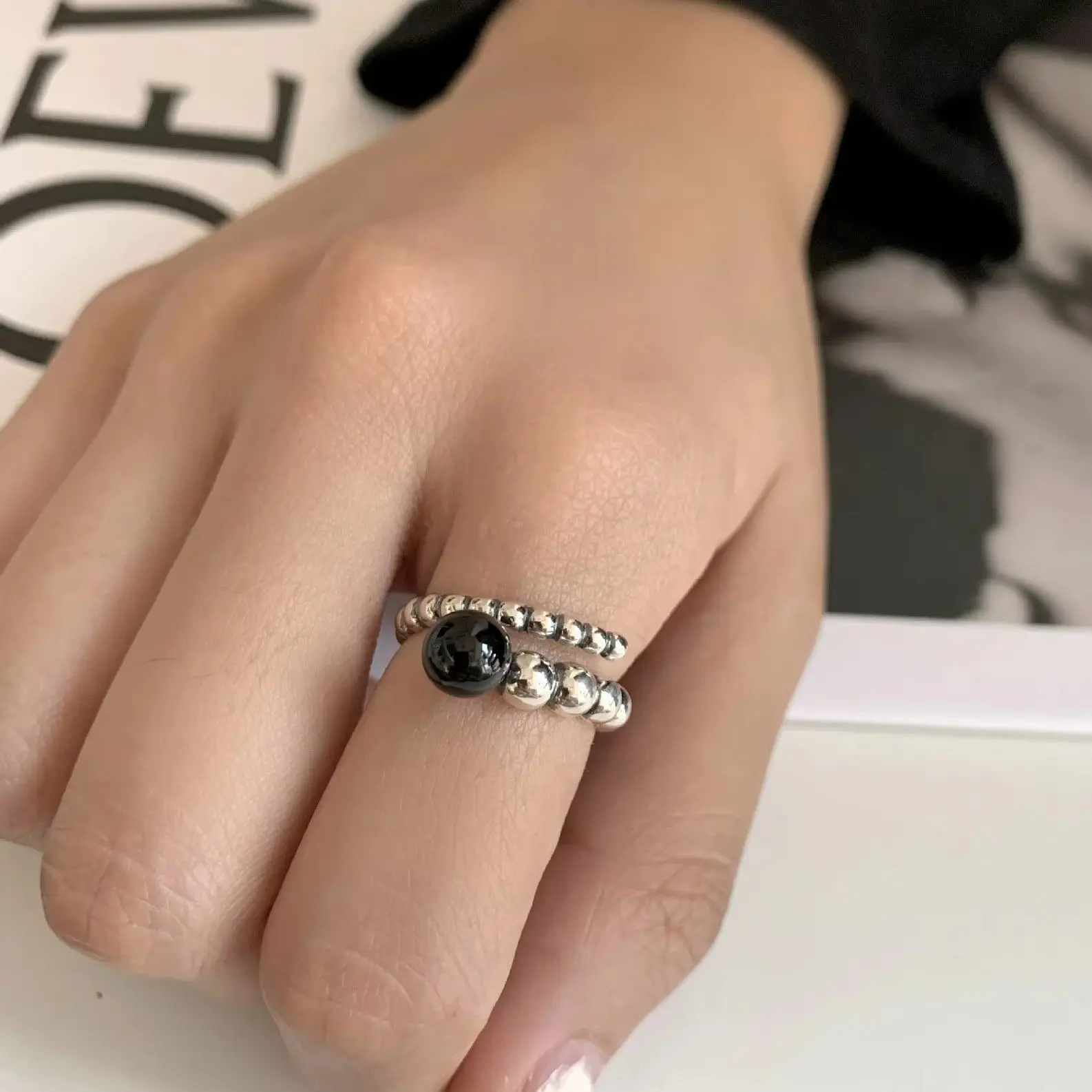 Sam Panda 925 Sterling Silver Retro Antiquing Process Black Agate Ring For Women Versatile Party Gift Jewelry New Trendy