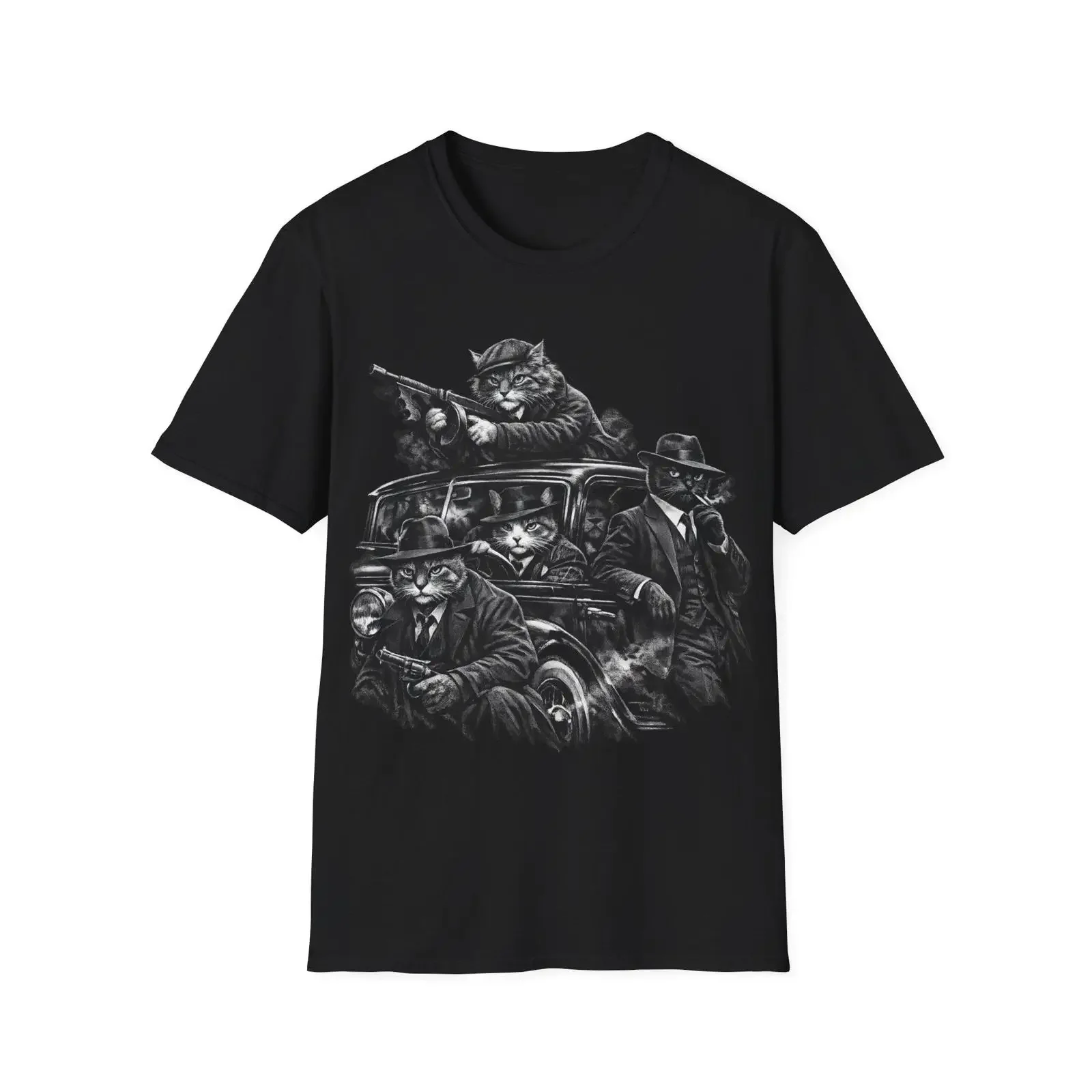 Vintage Gangster Cats T Shirt Men's Black  Retro Classic Car Suit Fedora Cat Print vintage Washed Breathable Soft Stylish