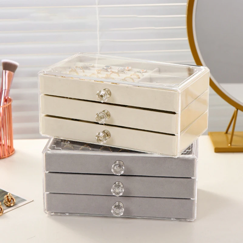 Jewelry Organizer Box Transparent Display Case 3 Layer Earrings Necklace Ring Plastic Organizing Boxes Velvet Jewelry Tray Gifts