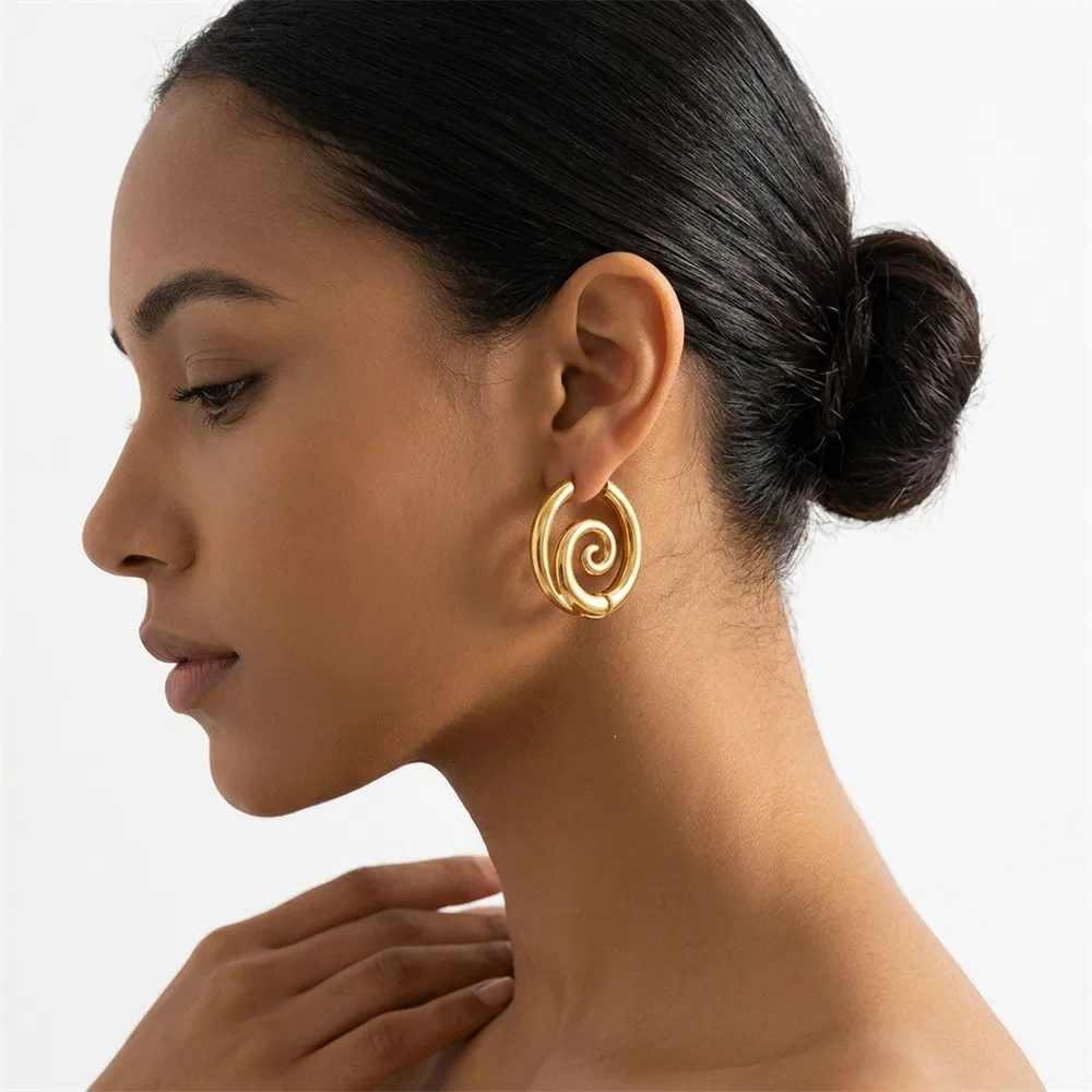 Vintage Personality Geometric Stainless Steel Hoop Earrings for Women Distort Vortex Spiral Circle Ear Accessories Jewelry Gift