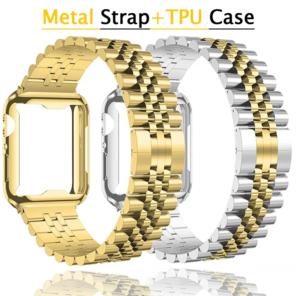 Metal Strap+Soft TPU Case for Apple Watch Band 44mm 40mm 45mm 41mm Ultra 2 49mm Stainless Steel Wristband iWatch 9 8 7 6 5 4 SE