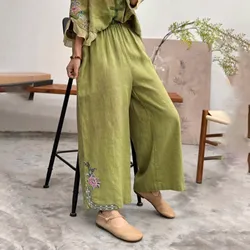 Pants For Women Work Casual Long Spring Summer And Autumn New Ethnic Style Embroidered Cotton And Linen Casual Pants Small Flare