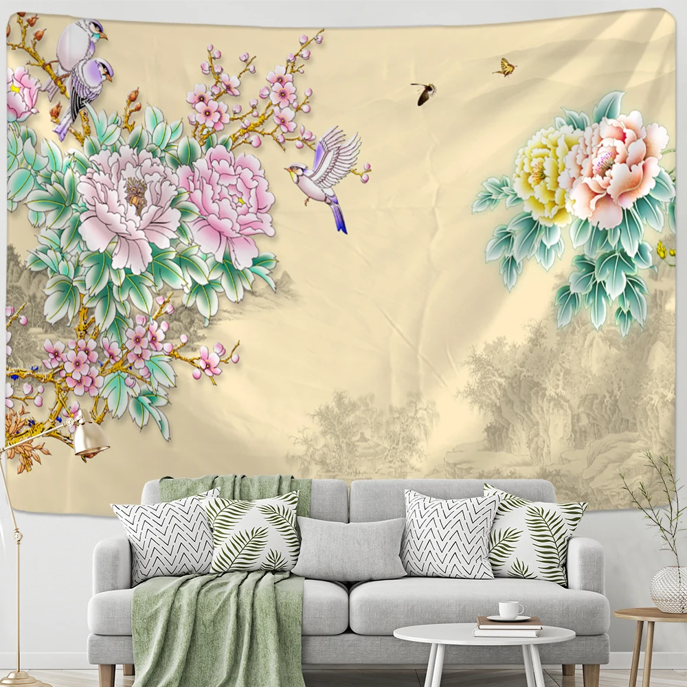 Flower and Bird Ink Painting Tapestry Wall Hanging Antique Hippie Tapiz Aesthetic Room Home Decor Background Cloth for Home