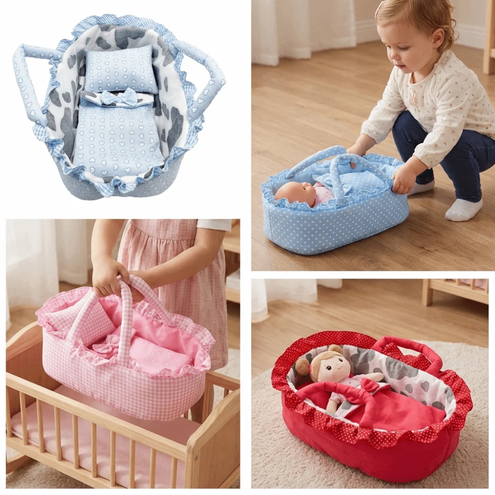 Hand-pull Design Doll Basket Soft Pink Gingham Dollhouse Accessories Washable Material Ruffled Design Pretend Play Toys