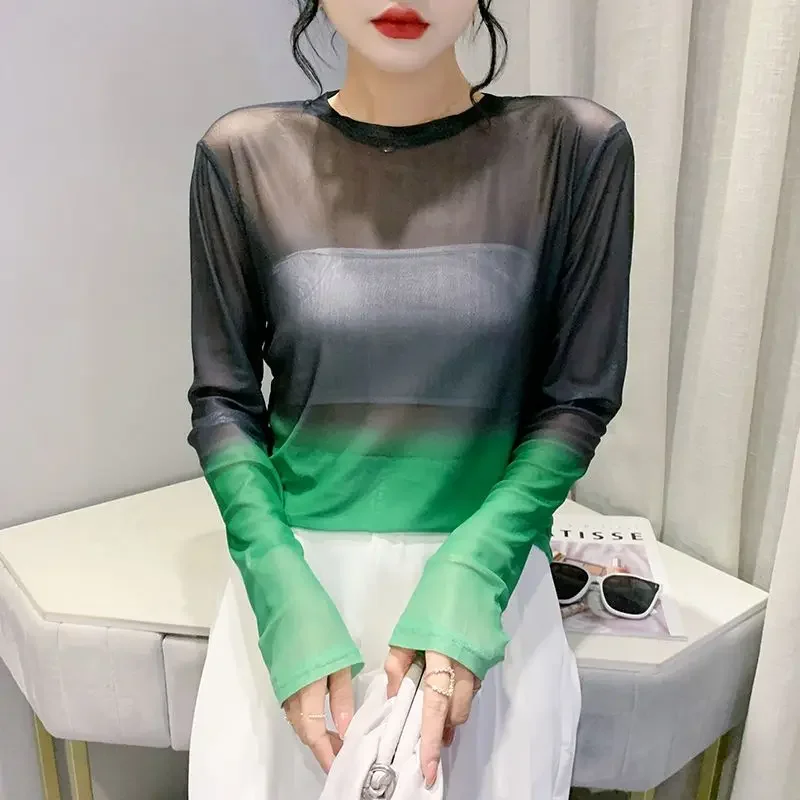 DAYIFUN-Thin Gradient Printed Mesh Design Tees for Women,Ladies' Layered Sun Protection Clothing Ice Silk Tops,Summer T-shirts image 4