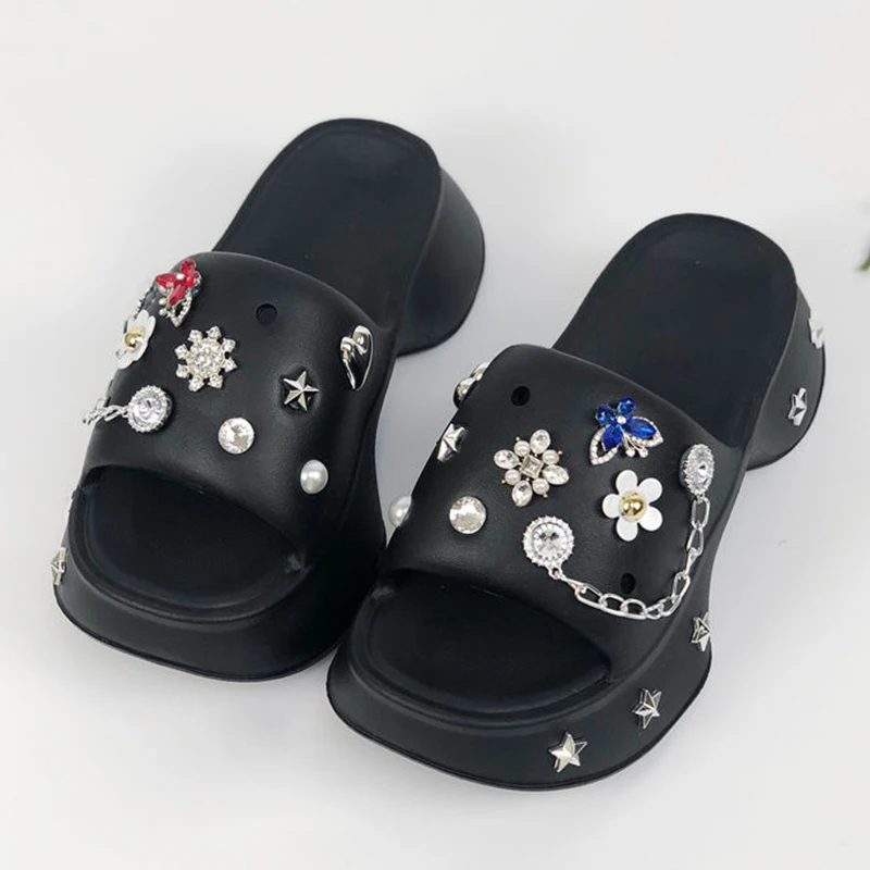 Women Summer Slippers EVA Clogs Sandals Shine Rhinestone Decoration Garden Shoes Non-Slip Slides Platform Casual Shoe For Female