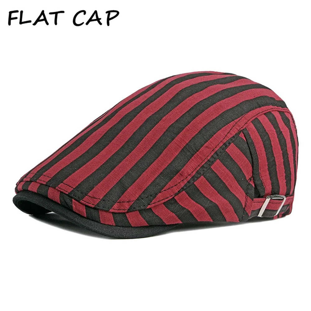 

FLAT CAP Fashion Cotton Mens Beret Vintage Red Striped Classic Hats for Men Spring Summer Adjustable Artist Hat Chapeau