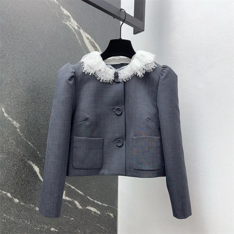 

Women's jacket New autumn 2025 single breasted slim fit long sleeved top Lace contrasting patchwork women's coat y2k outerwears