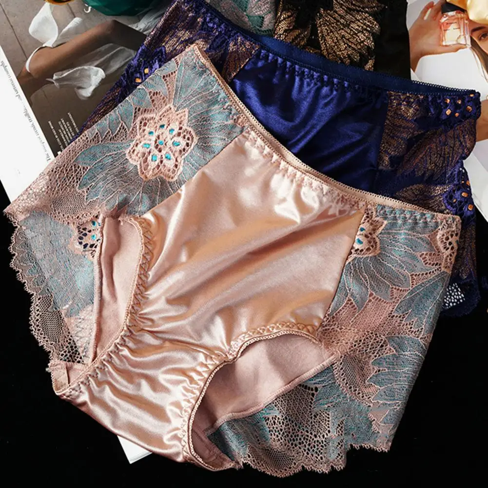 Women Panties Lace Flower Embroidery Mid Waist Elastic Soft Breathable Anti-septic Glossy Ice Silk Lady Underpants Briefs Underw