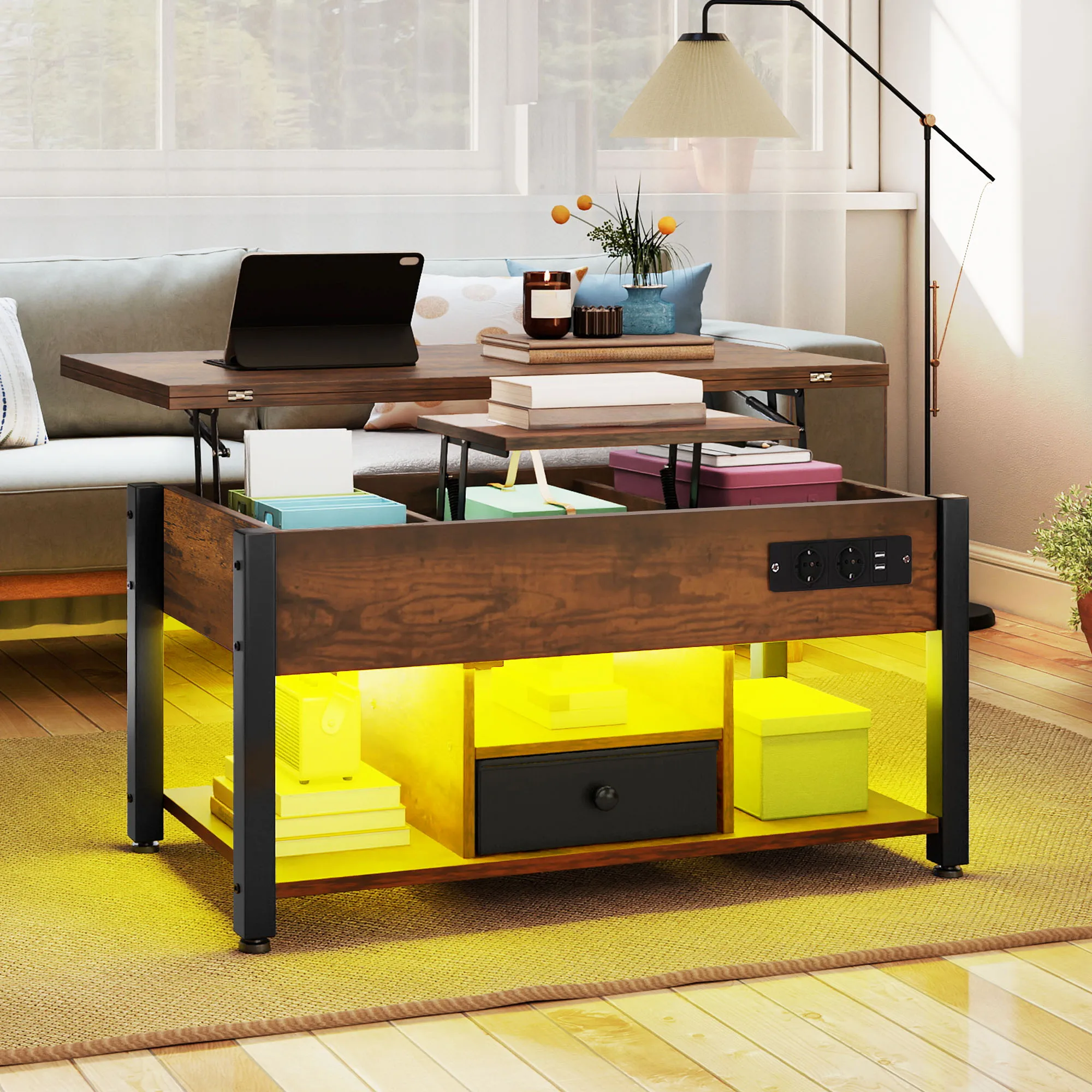 YITAHOME Vintage bruine 4-in-1 salontafel - in hoogte verstelbaar, converteert naar eettafel met opbergruimte en LED-verlichting