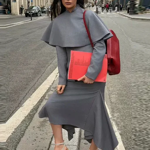 Fashionable Early Autumn Women's Suit ZR Style Irregular  Skirt Cowl Neck Padded Jacket Three Piece Set Polyester Fiber
