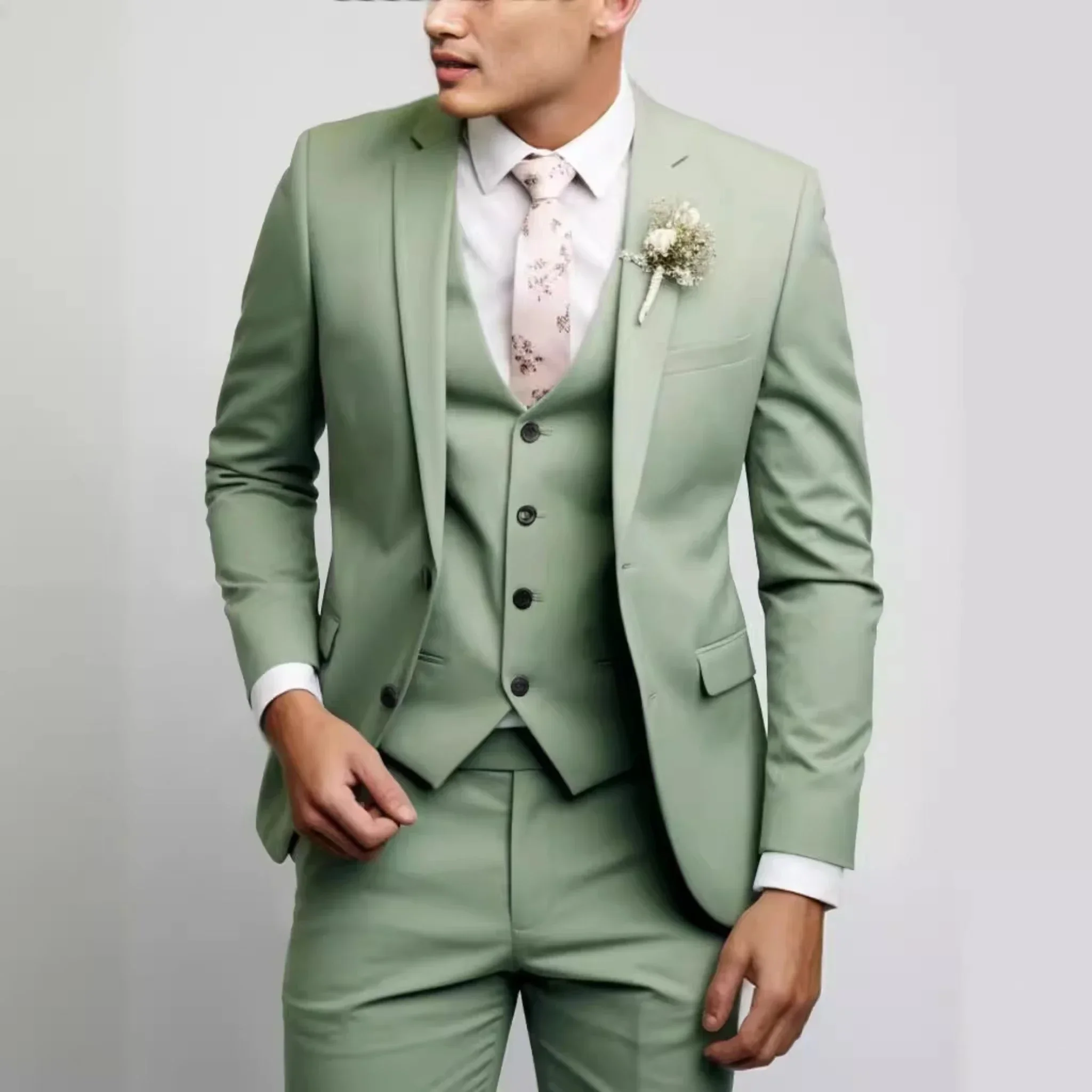 Casual Men\'s Suits Slim Regular Fit 3 Piece Elegant Tuxedos Notch Lapel Blazer Vest Pants for Evening Party Formal Wedding