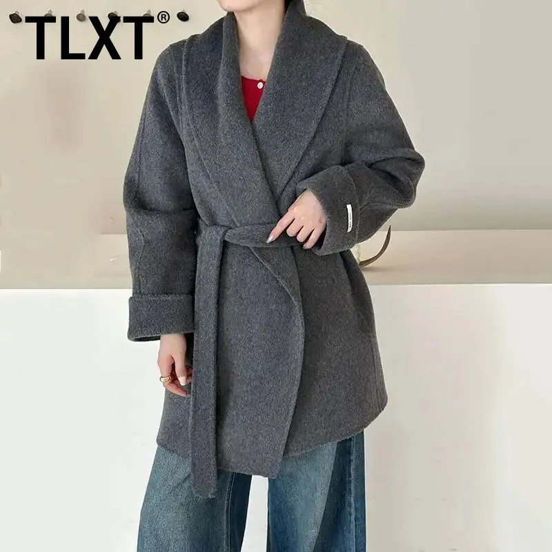 

TLXT Fanan женское двустороннее шерстяное пальто в стиле халата с закатанными рукавами и скрытыми наклонными карманами, осенне-зимнее теплое пальто