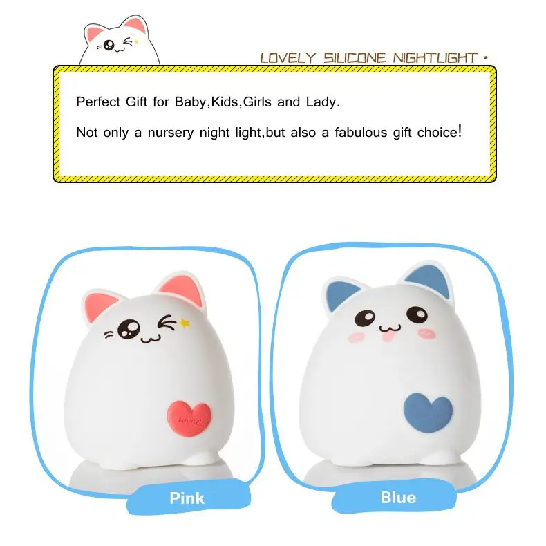 Luce notturna a LED ricaricabile USB per bambini sensore tattile per gatti carini cambia colore lampada da vivaio con respirazione in Silicone morbido regalo