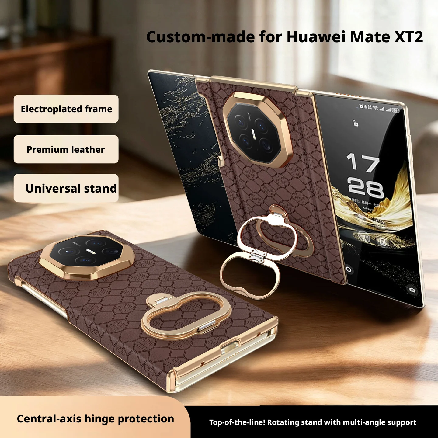Premium Leather Case For Huawei Mate XT2 Electroplated Frame 360° Rotating Ring Stand Central-Axis Hinge Protection Cover
