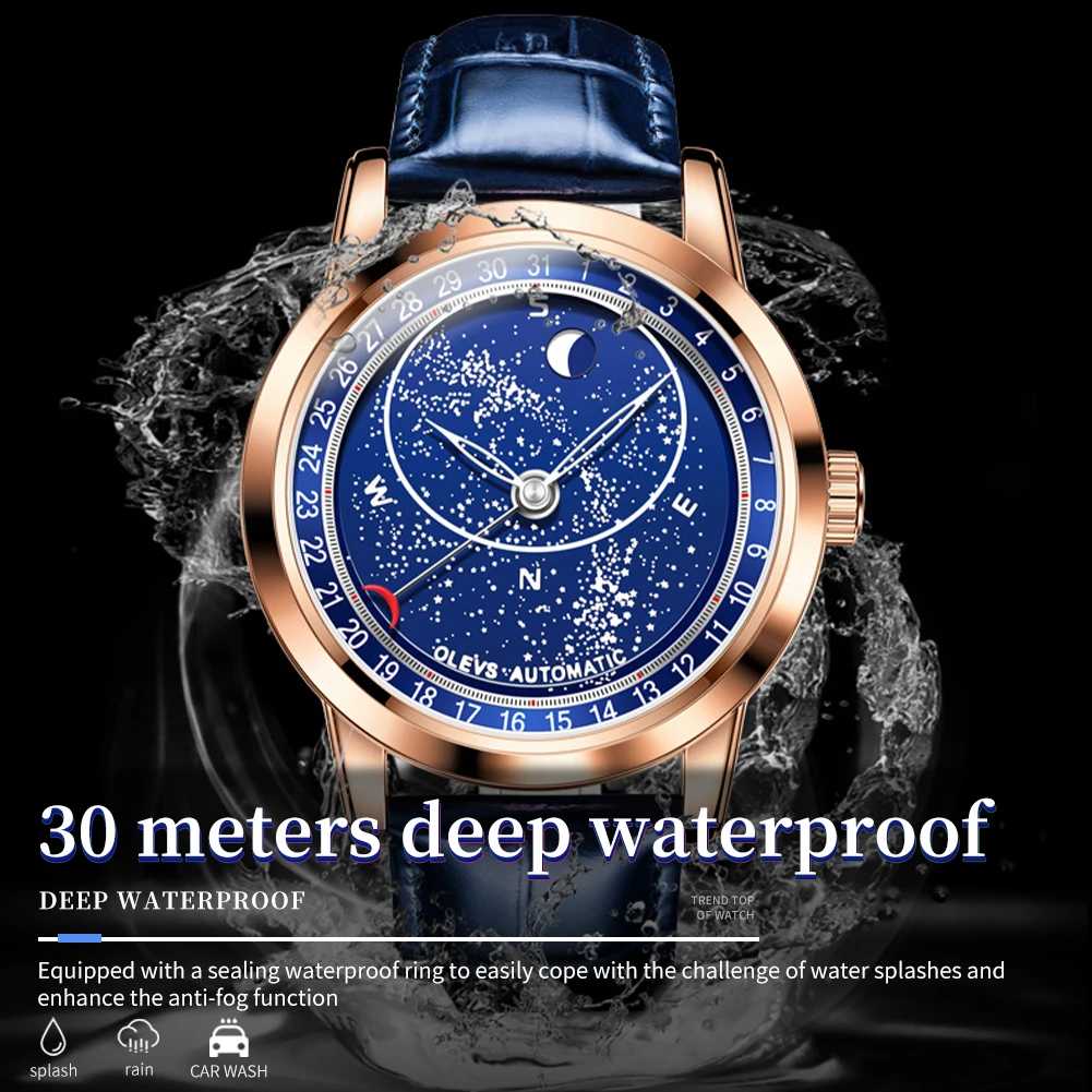 OLEVS 9923 New Automatic Mechanical Watch for Men Big Dial Rotating Second Wristwatch Luminous Star Moonswatch Hombres Mecanico