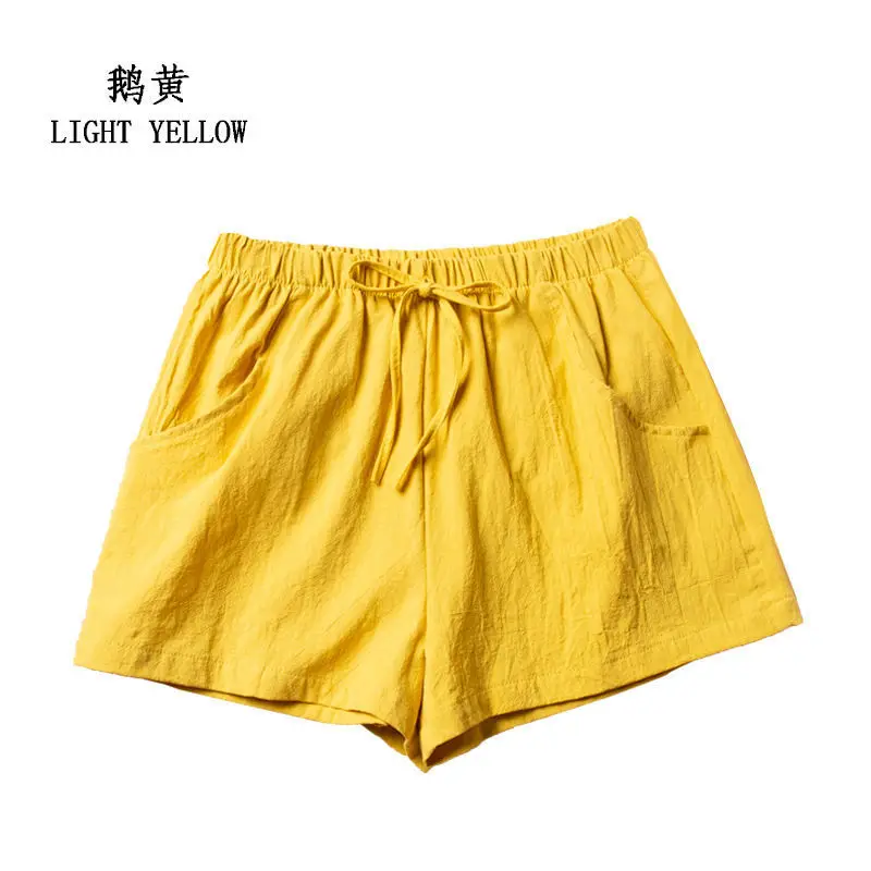 Flax Shorts Summer Casual Lacing Solid Color Elastic Waist Pants Women Clothing Simplicity All-match Pleated Loose Trousers