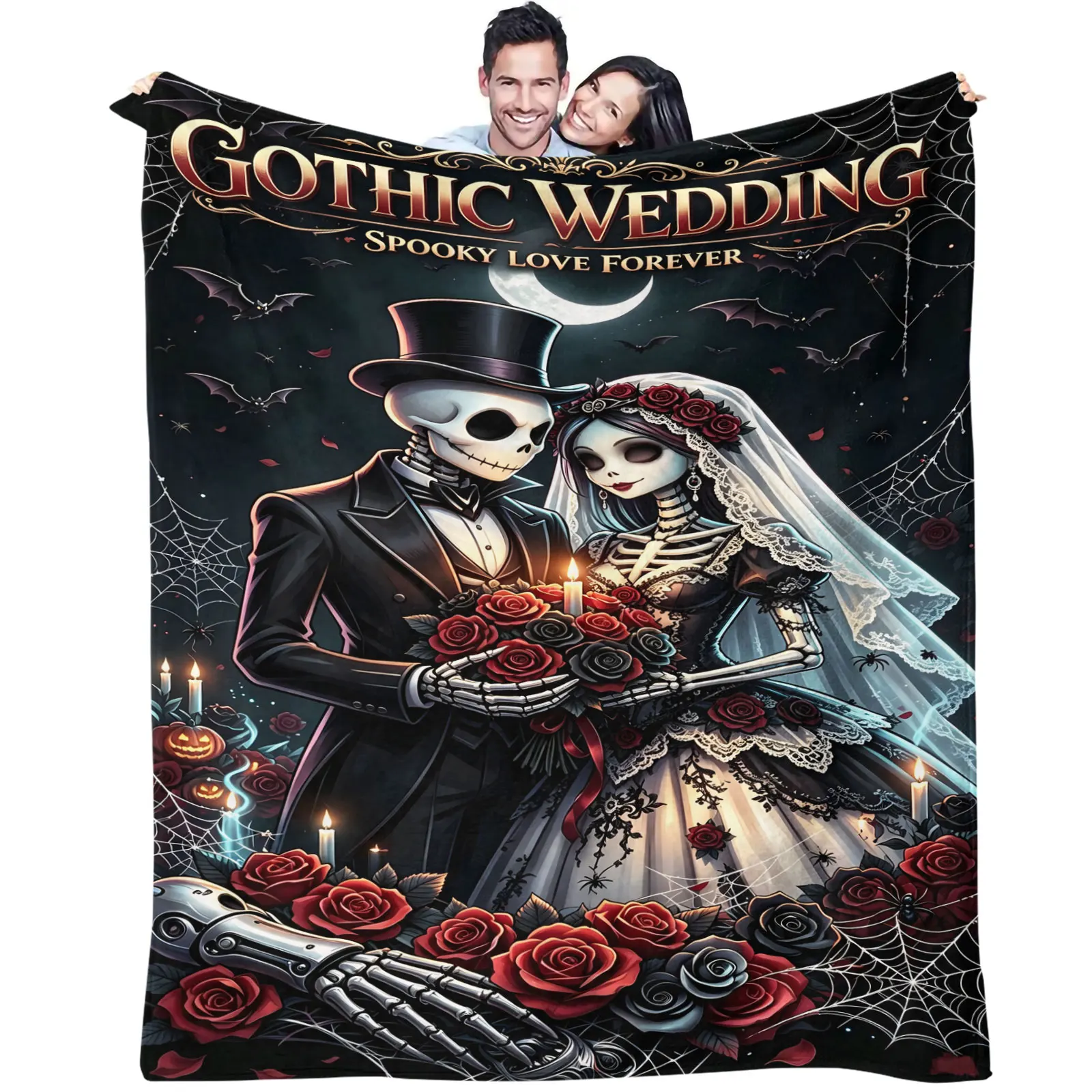Gothic Wedding Skeleton Couple Flannel Throw Blanket Spooky Skull Bride Groom Bat Moon Print Warm Plush Soft Lightweight Blanket