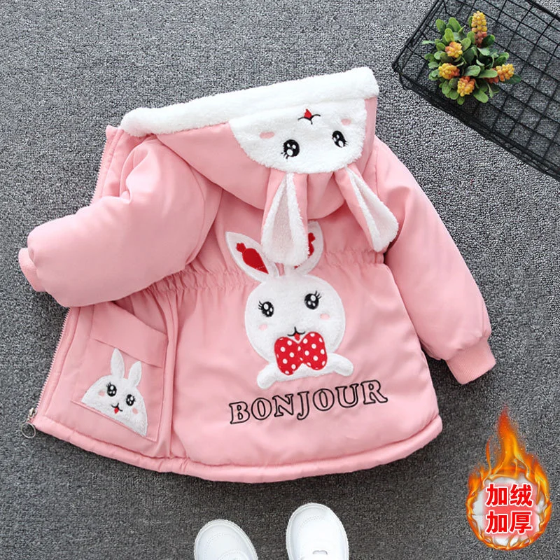 Girls Plus Velvet Thick Coats Winter Warm Kids Outerwear Fashion Baby Girl Clothing Cartoon Print Children Jackets Autumn Coats