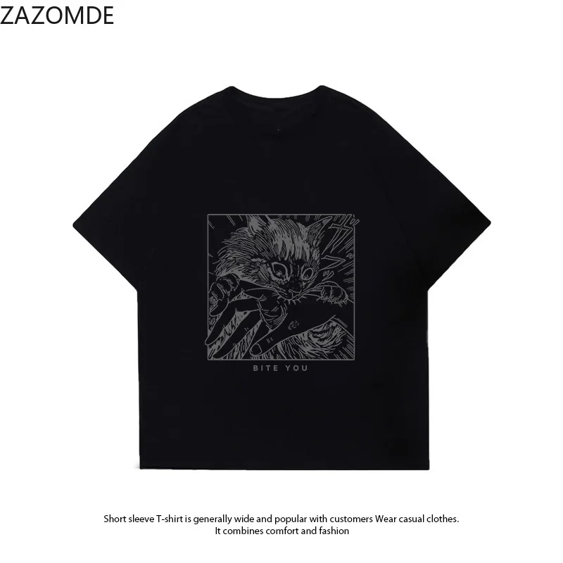 ZAZOMDE Dark Manga Style Angry Cat Bite Hand Graphic T Shirt Unisex Oversized Short Sleeve Cotton Tee Animal Print Street Top