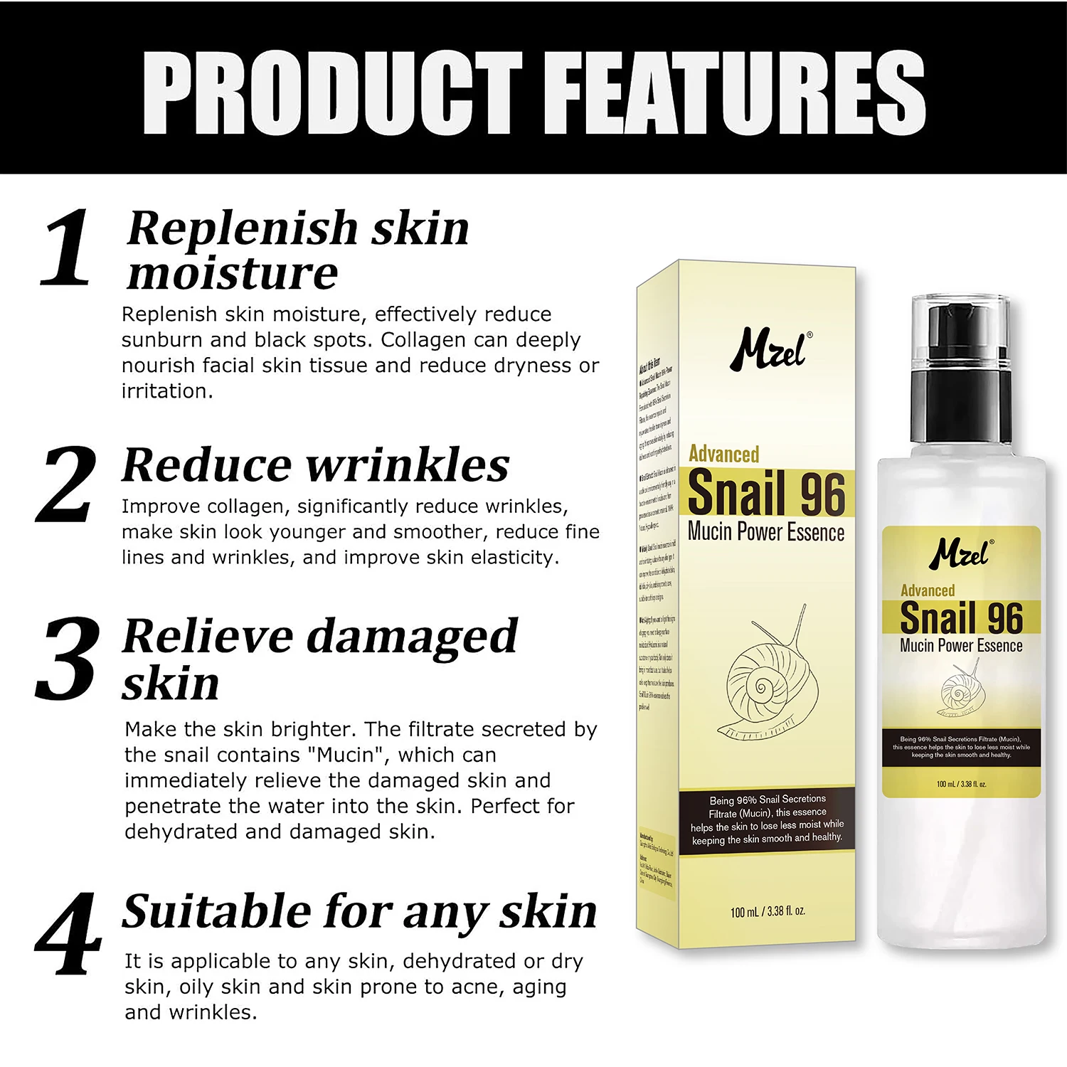 skin care face serum advanced snail mucin 96% power repairing essence for dull and damaged skin