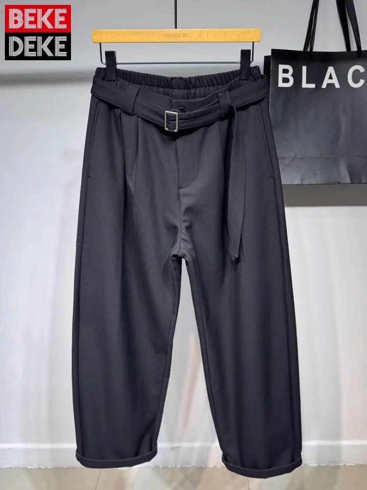 

Men American Style Casual Belt Pant Fashion Thick Loose Fit Wide Leg Pants Winter New Pocket Youth Daily Black Trousers Hot Sale