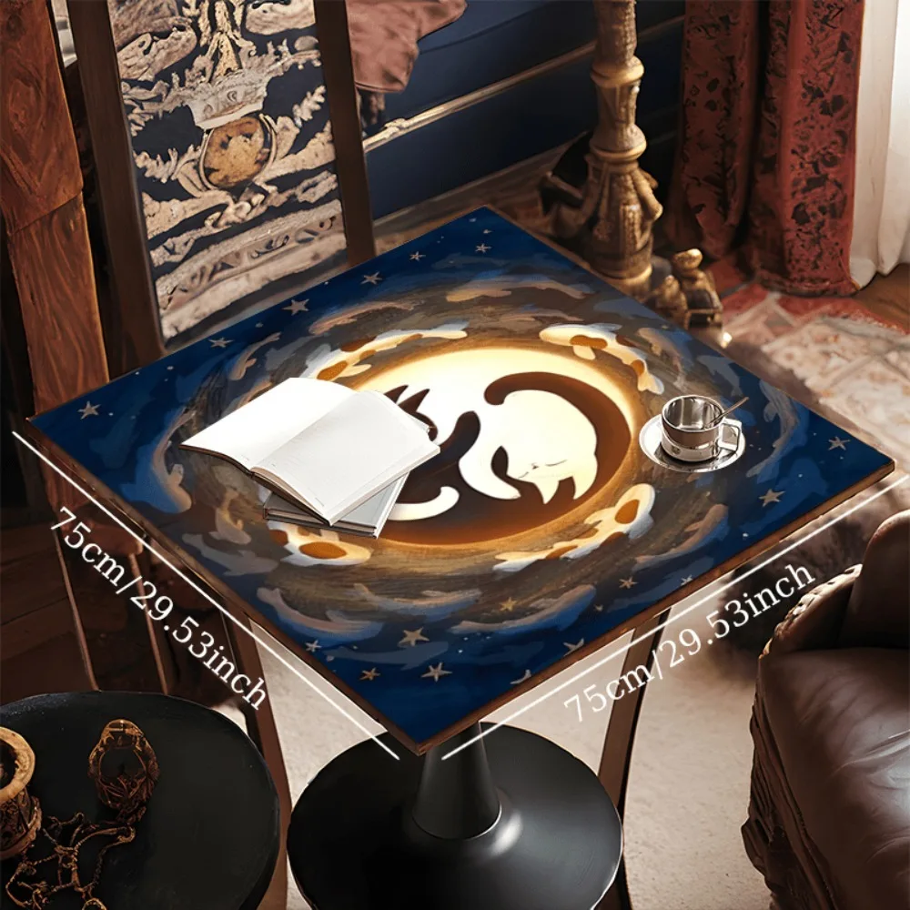 Celestial Cat Yin Yang Tablecloth Single Sided Print Table Cover Home Divination Room Esoteric Decor Gift For Cat And Astrology
