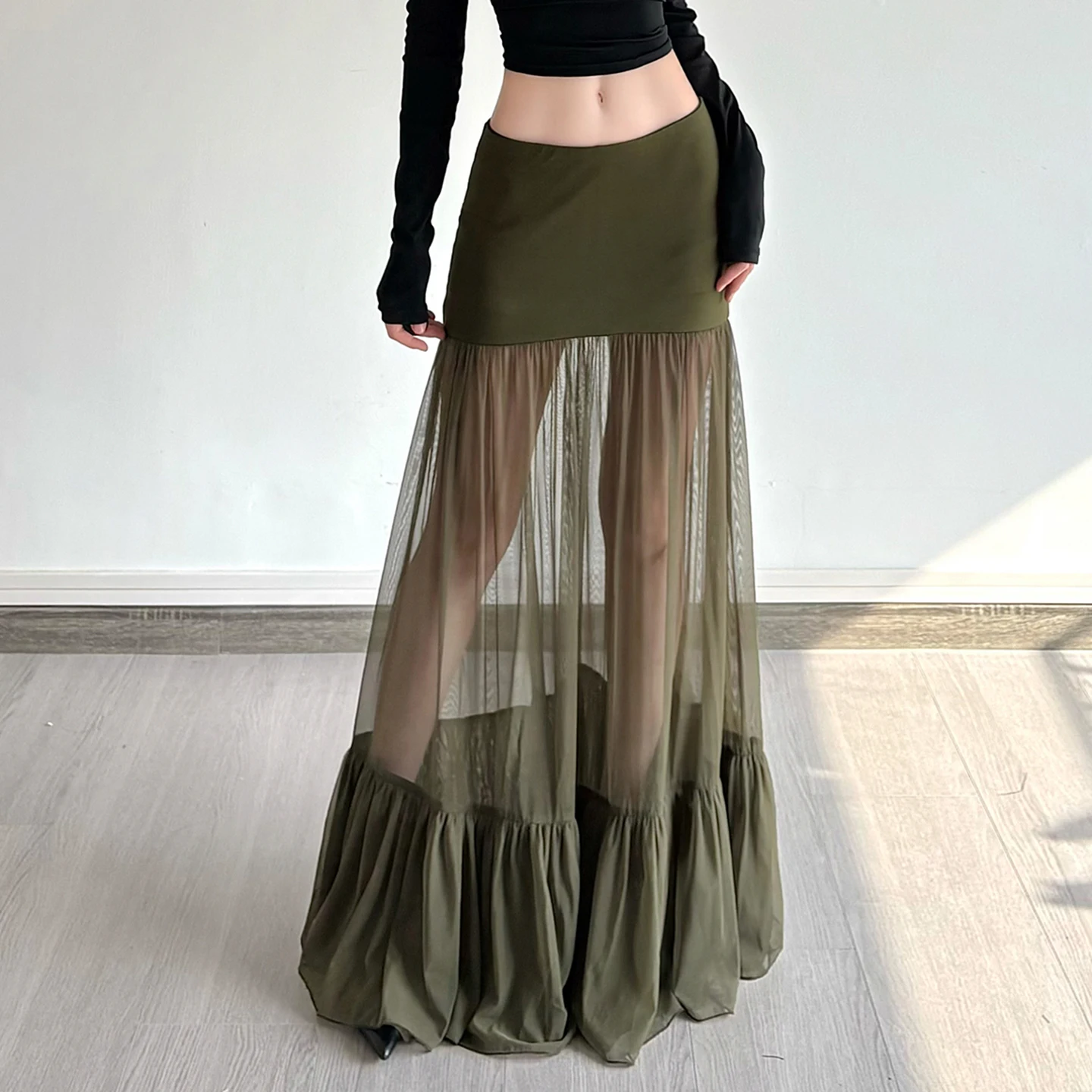 

Casual Mesh A-Line Skirts With Shorts See Through Basic Solid Mid-Waisted Maxi Skirts Women 2025 Spring Fashion Streetwear Lady