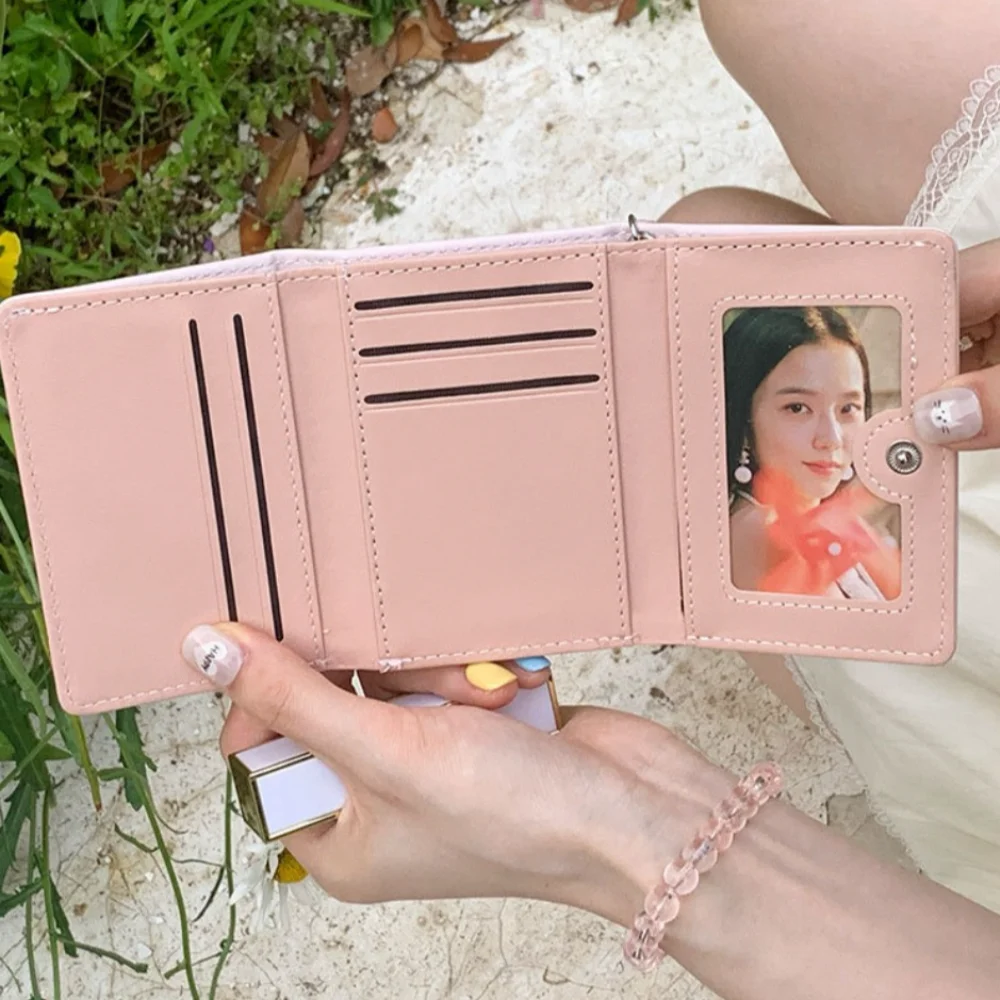 Nova cor rosa carteira curta com alça de mão cor sólida moeda bolsa dos desenhos animados urso saco de dinheiro feminino