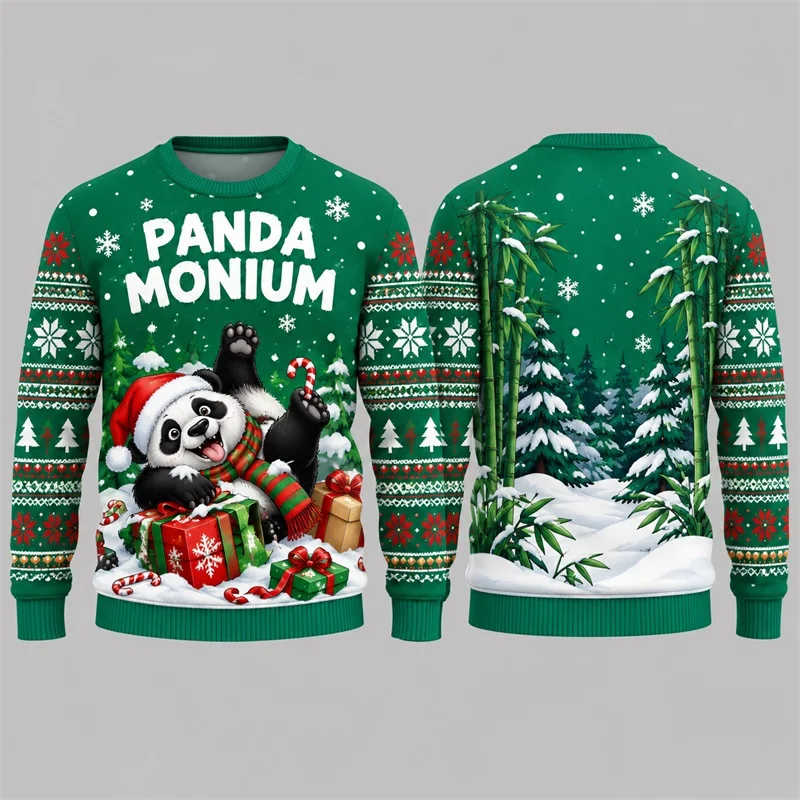 Men women Ugly Christmas Sweater Panda Monium Print Sweatshirt Snowy Bamboo Forest Xmas Holiday Party Pullover hoodies Top