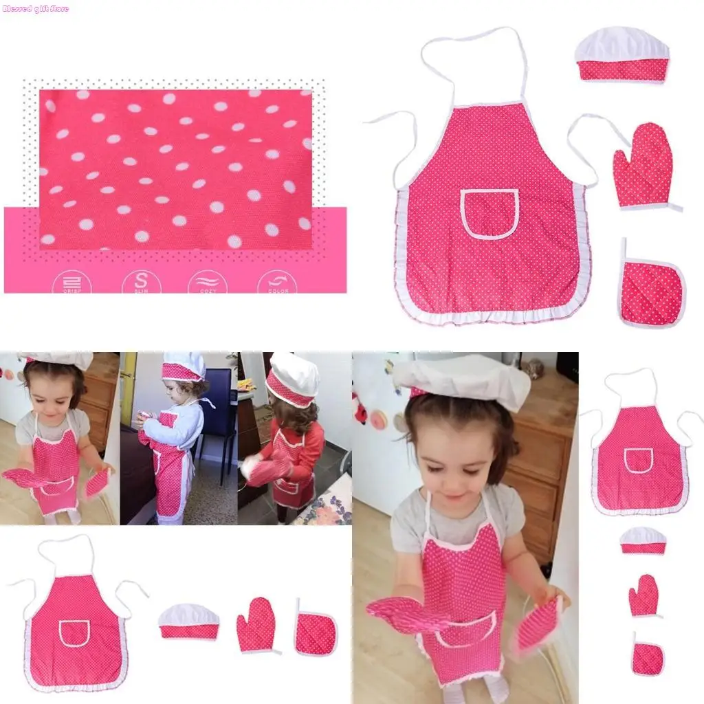 D0JC Toddler Chef Apron Glove Cap Set 4Pcs Girls Kitchen for Play Costume Halloween Dress Up Cooking Activity Props Xmas Gift