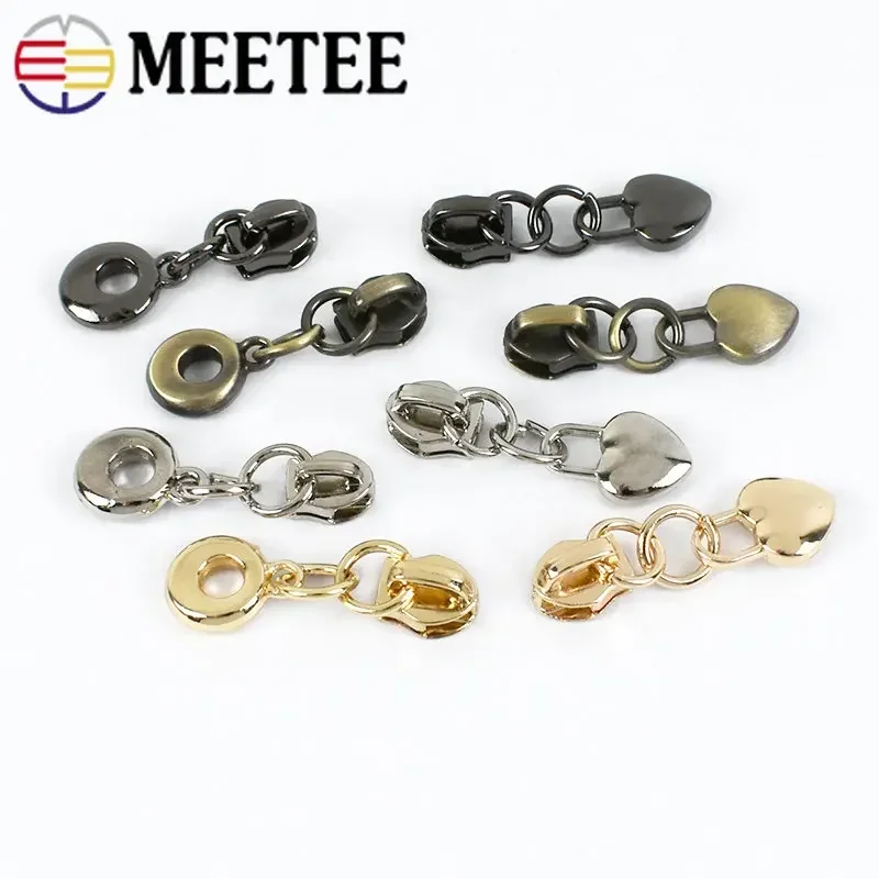 10/50Pcs Meetee Metal 3# Zipper Sliders for Nylon Zippers Heart Pendant Zips Puller Hometextile Zip Head Replacement Accessories